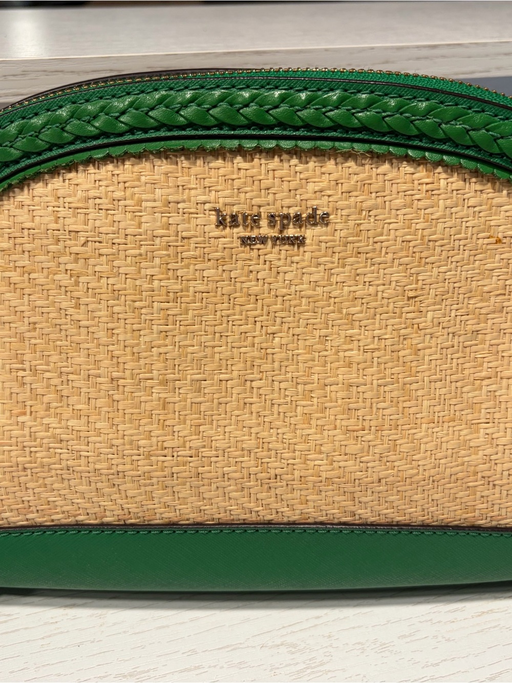 kate spade Natural Straw Cosmetic Case with Green Trim